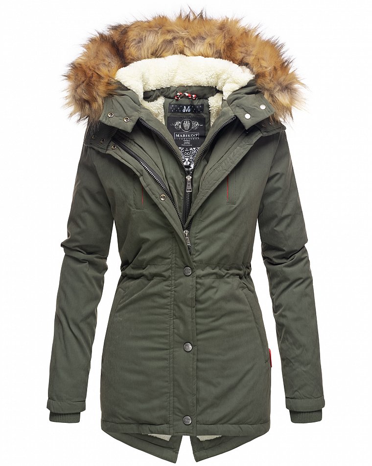 Marikoo Akira Damen Winter Jacke Parka Gefüttert mit Kapuze Olive Gr. 40 - L