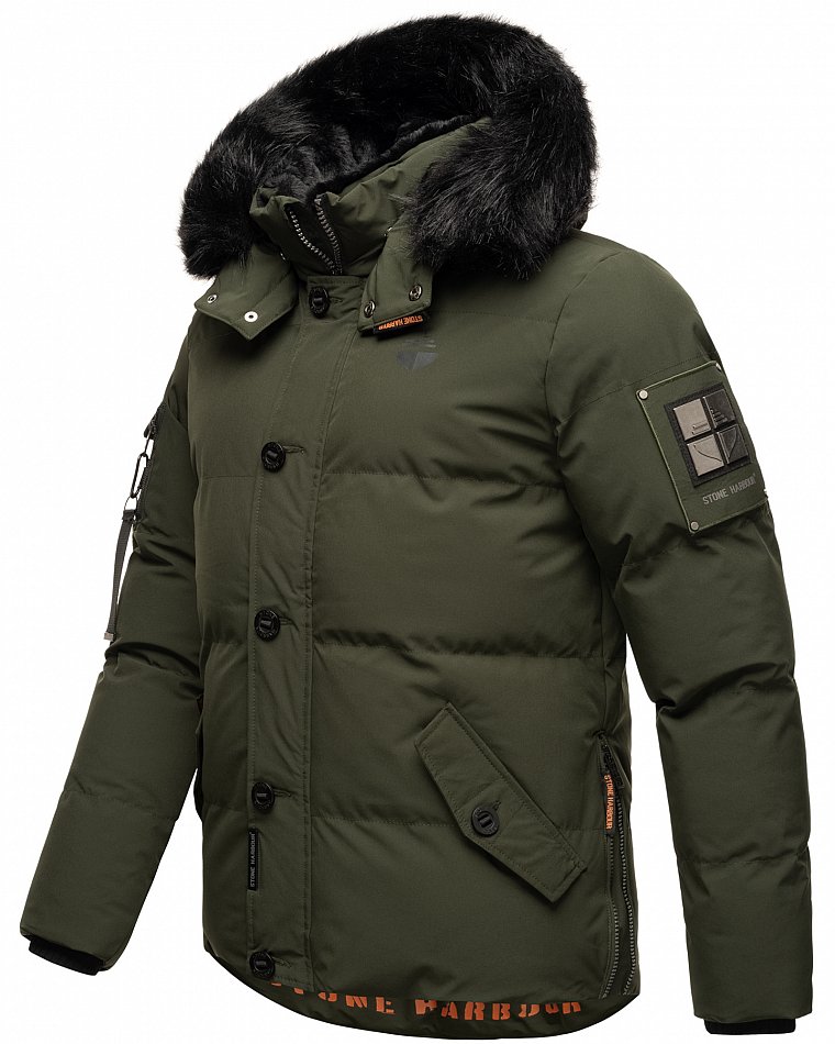 Stone Harbour Halvaar Herren Winterjacke gesteppt Olive mit Schwarzem Kunstfell Gr. 54 - XXL