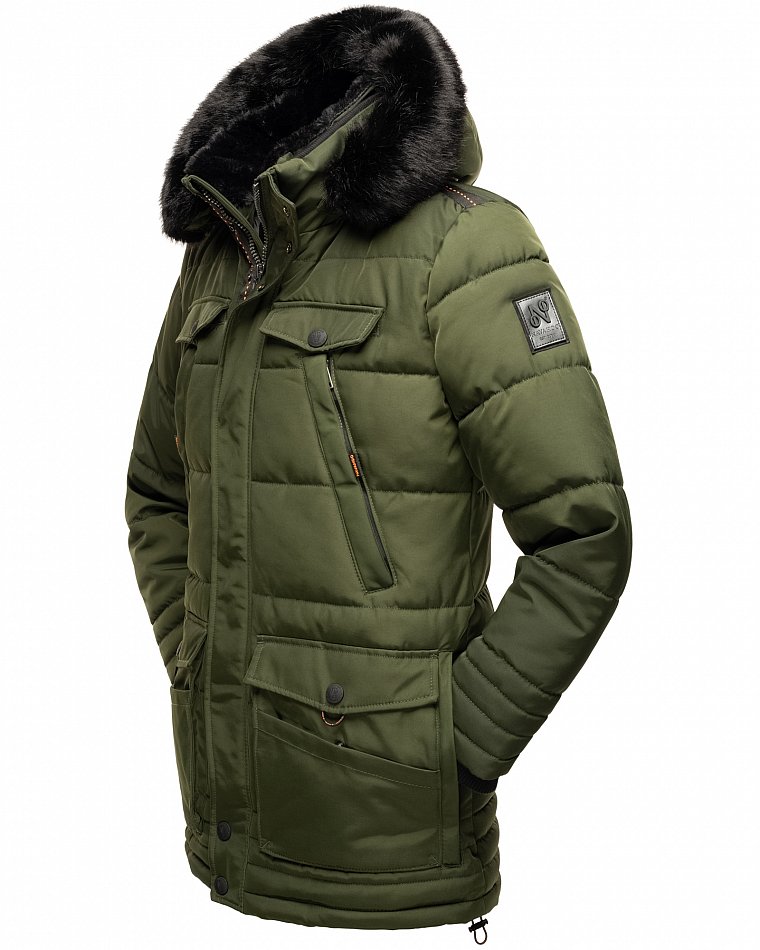 Navahoo Luaan Herren Wintermantel Parka mit Kunstfell & Kapuze Olive Gr. S