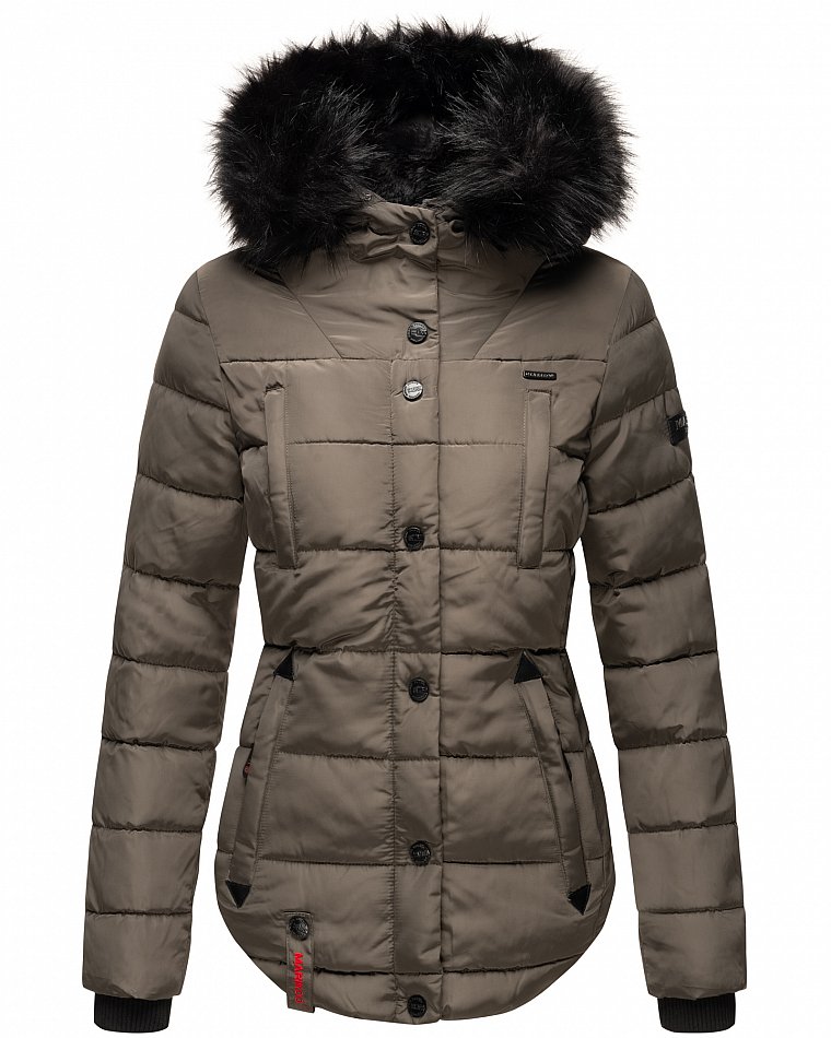 Marikoo Lotusblüte Damen Winter Stepp Jacke mit Kapuze & Kunstfell Anthrazit Gr. 38 - M