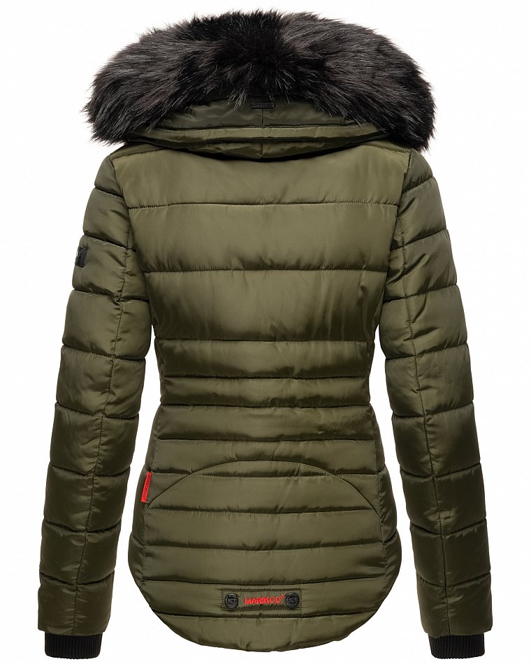 Marikoo Lotusblüte Damen Winter Stepp Jacke mit Kapuze & Kunstfell Olive Gr. 34 - XS