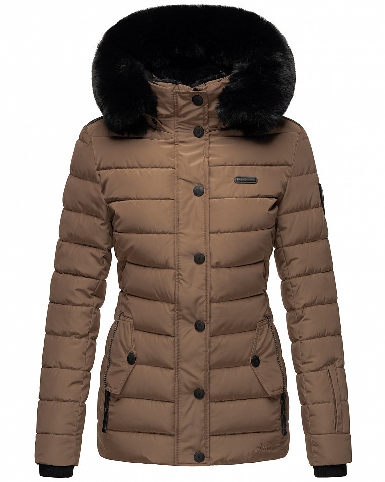 Navahoo Milianaa Damen Winter Steppjacke gefüttert Kapuze mit Kunstfell Taupe Gr. 40 - L