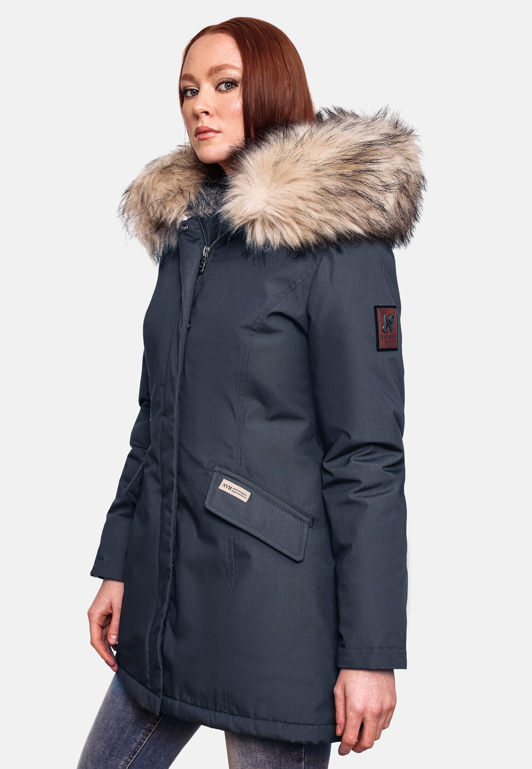 Navahoo Cristal Winterjacke Winterparka mit Kapuze & Kunstfell Navy Gr. 42 - XL