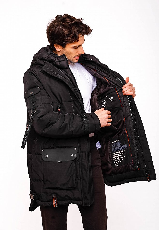 Stone Harbour Herren Winterparka Wintermantel mit Doppel Kapuze Tahaa Schwarz Gr. 48 - M