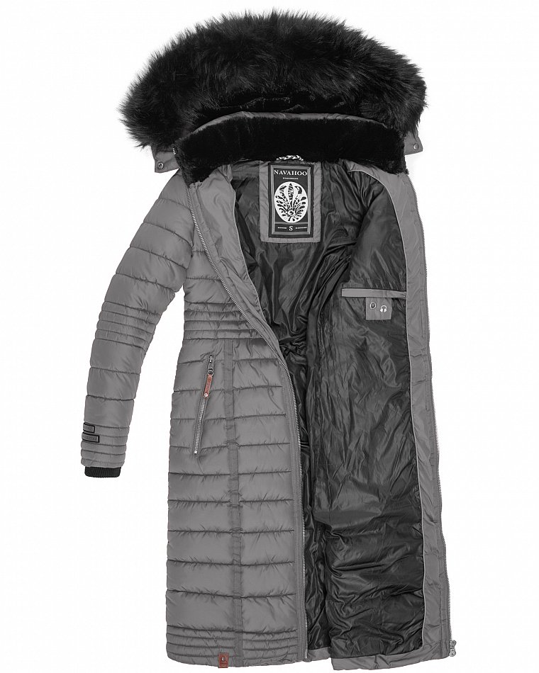 Navahoo Umay Damen Steppmantel Winterjacke mit Fellkragen Grau Gr. 40 - L