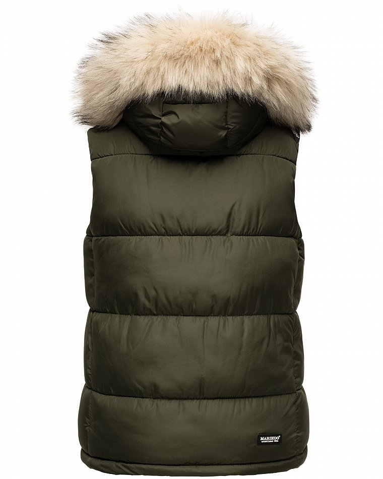 Marikoo Eisflöckchen Damen Winter Steppweste mit Kunstfell Olive Gr. 38 - M
