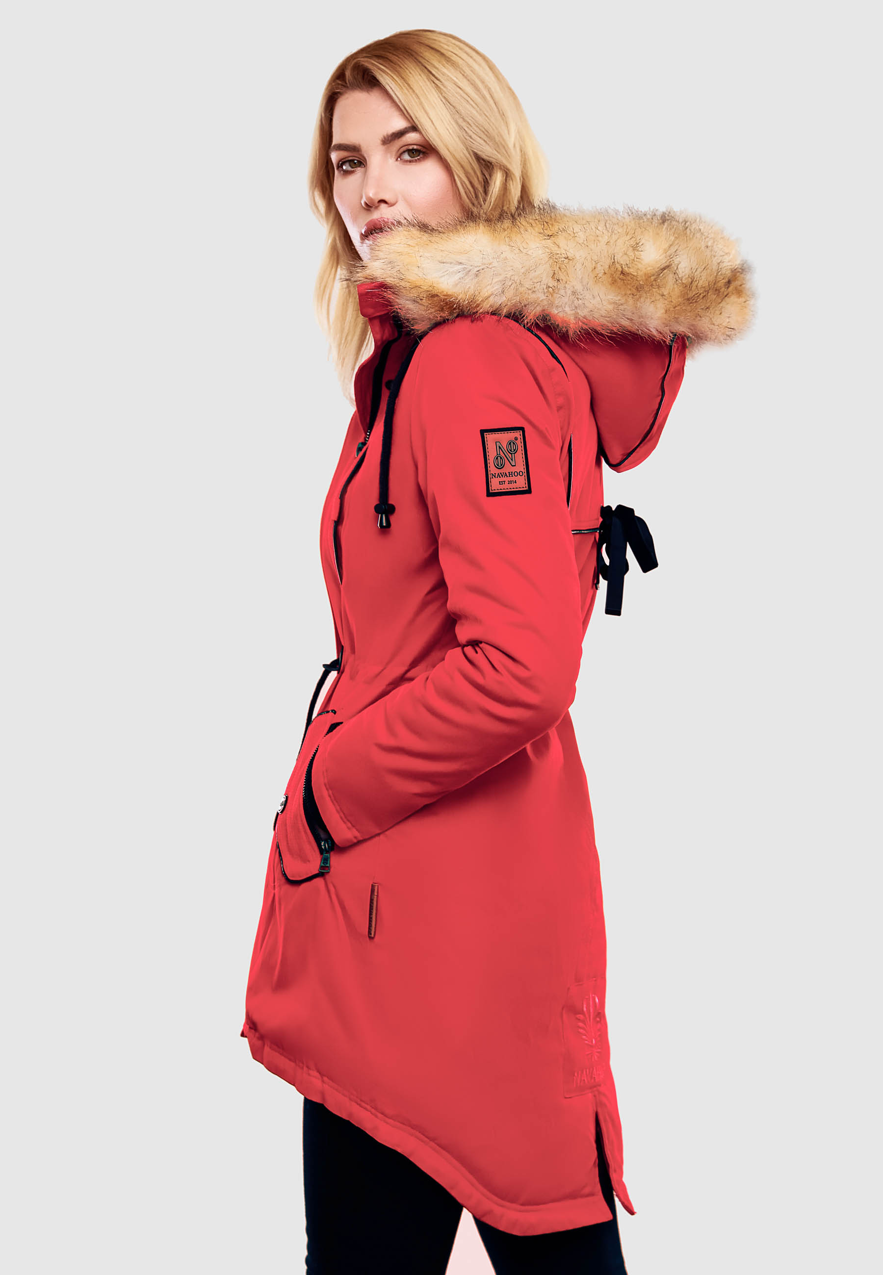 Navahoo Bombii Damen Wintermantel Parka mit Kunstfell & Kapuze Rot Gr. 42 - XL