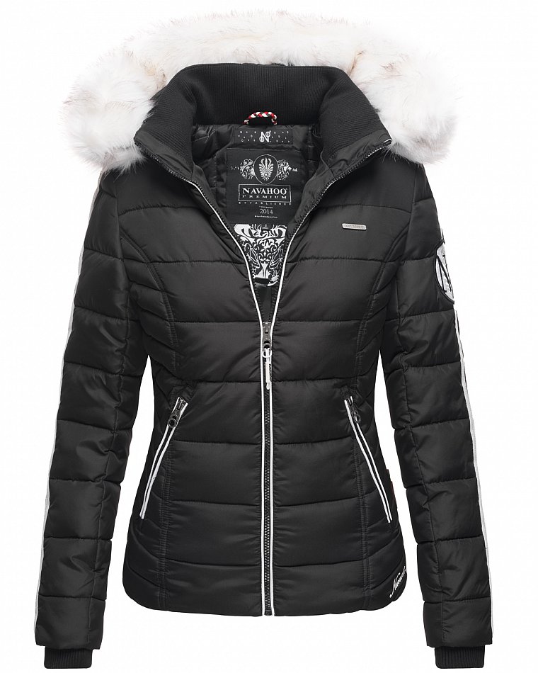 Navahoo Sportliche Damen Winter Steppjacke mit Weißem Kunstpelzkragen Khingaas Schwarz Gr. 38 - M