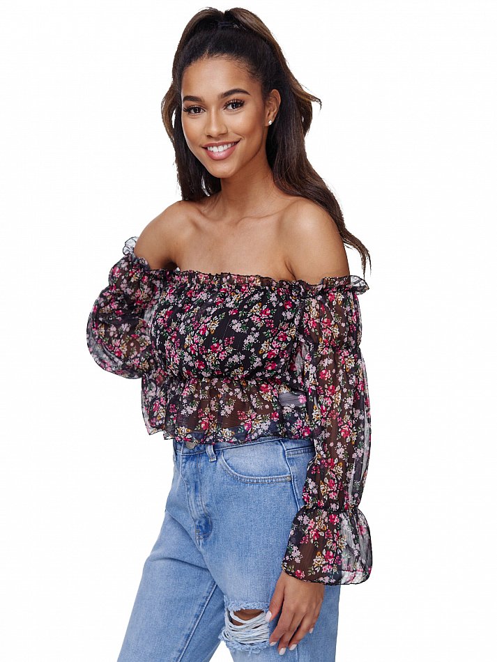 Damen Shoulder Carmen Top mit floralem Print Schwarz Einheitsgröße Gr. 34 - 38 RS02