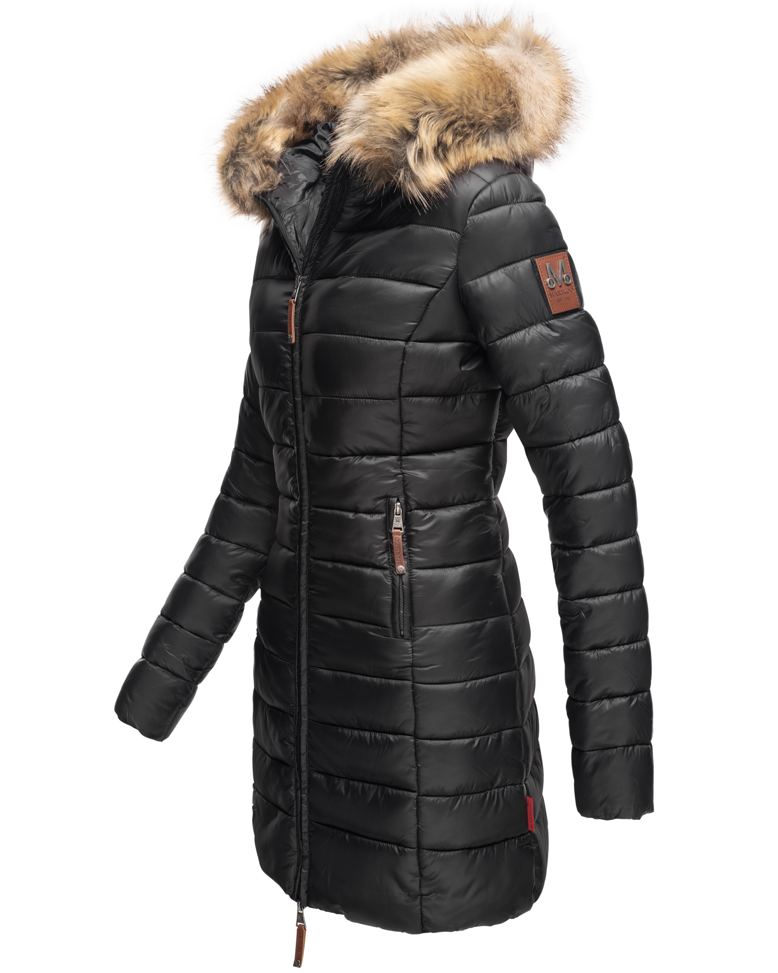 Marikoo Damen Winter Steppmantel mit Kapuze und Kunstfell Rose110 Schwarz Gr. 38 - M