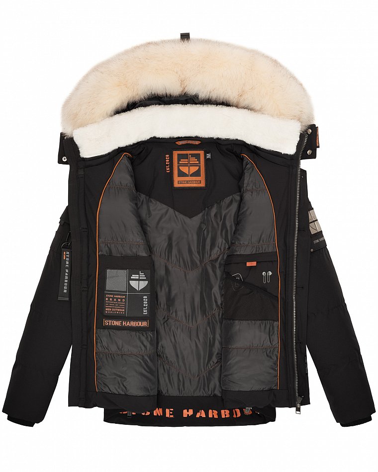Stone Harbour Halvaar Herren Winterjacke gesteppt Schwarz mit Weißem Kunstfell Gr. 48 - M