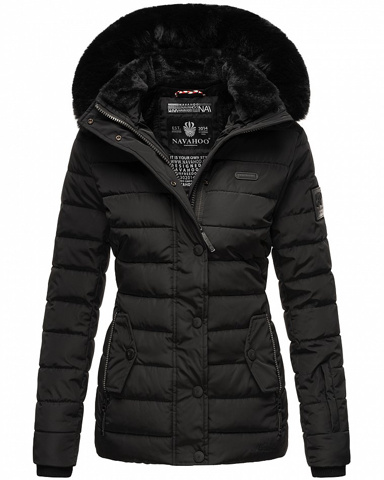 Navahoo Milianaa Damen Winter Steppjacke gefüttert Kapuze mit Kunstfell Schwarz Gr. 34 - XS