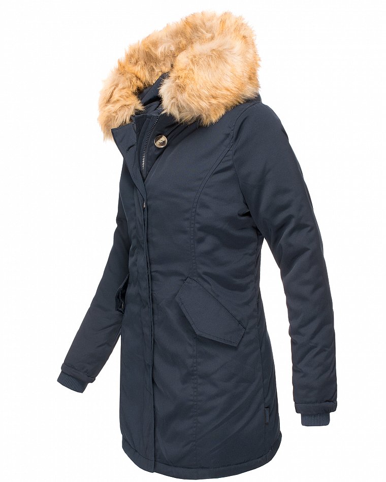 Marikoo Karmaa Eleganter Damen Winter Parka mit Kunstpelz und Kapuze Blau Gr. 38 - M