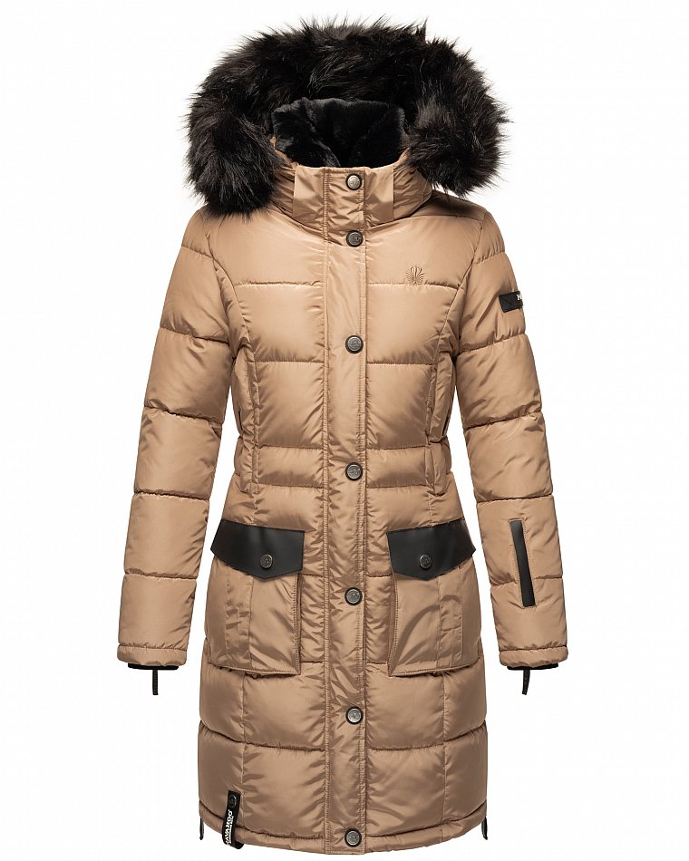 Navahoo Sinja Lange Winter Steppjacke Wintermantel Taupe Gr. 40 - L