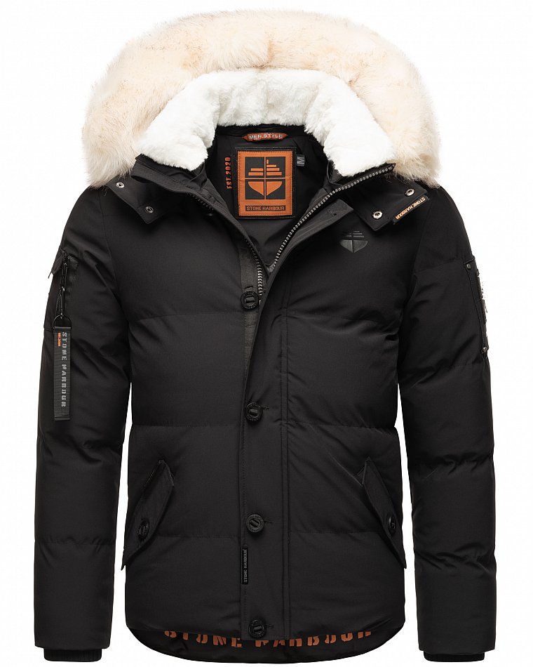 Stone Harbour Halvaar Herren Winterjacke gesteppt Schwarz mit Weißem Kunstfell Gr. 48 - M