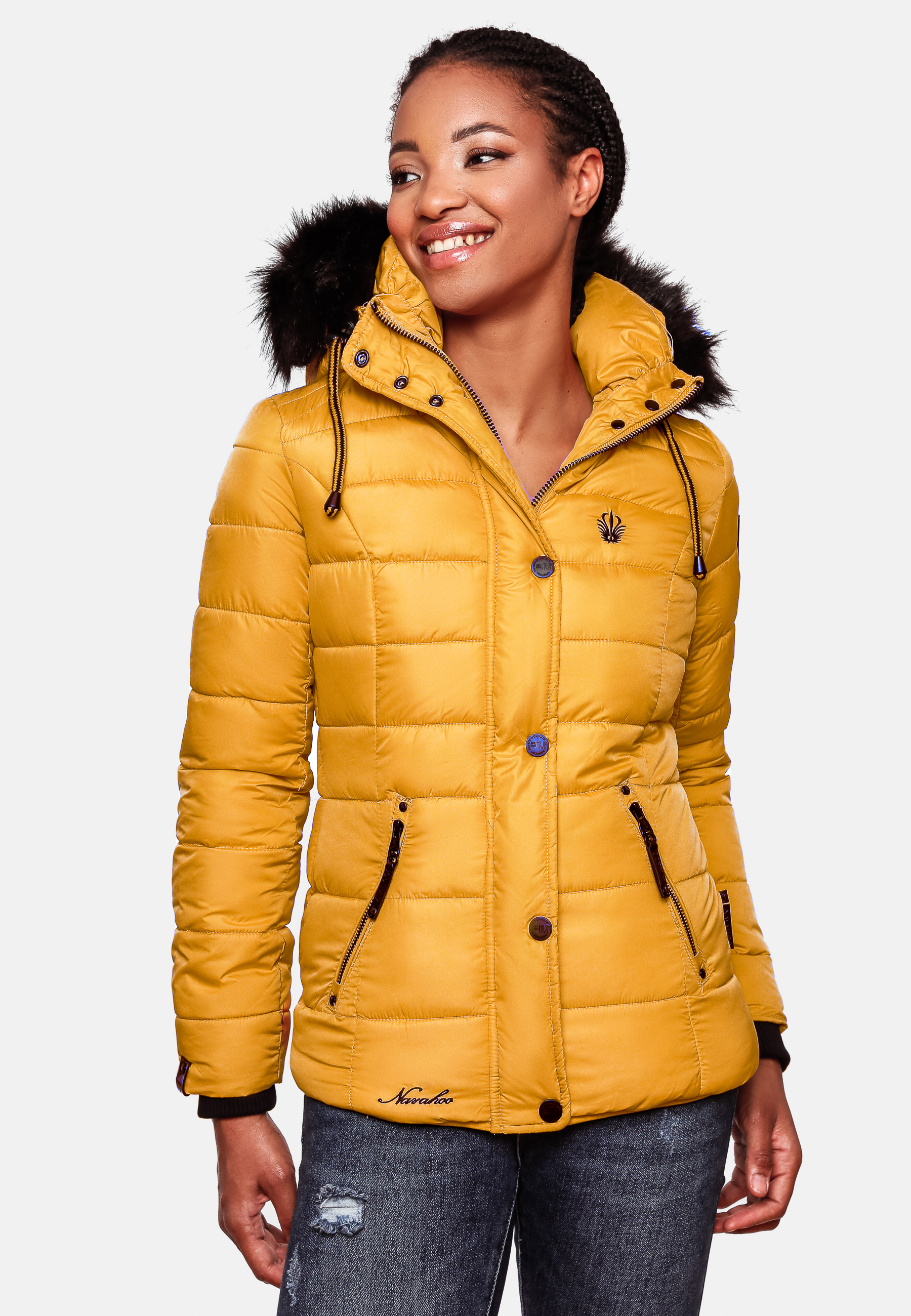 Navahoo Damen Winter Steppjacke mit Fell Zuckerbiene Gelb | BrandsStreet