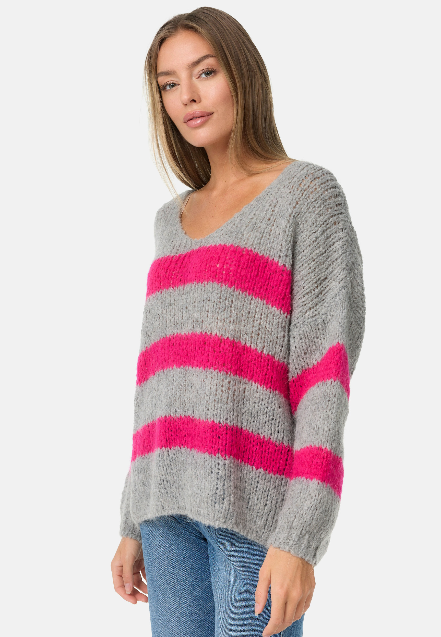 PM SELECTED Kuscheliger Damen Strickpullover mit Candy Stripes PM67 Grau Einheitsgröße Gr. 34 - 38