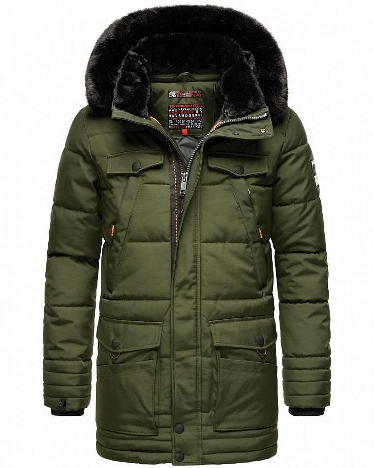 Navahoo Luaan Herren Wintermantel Parka mit Kunstfell & Kapuze Olive Gr. L