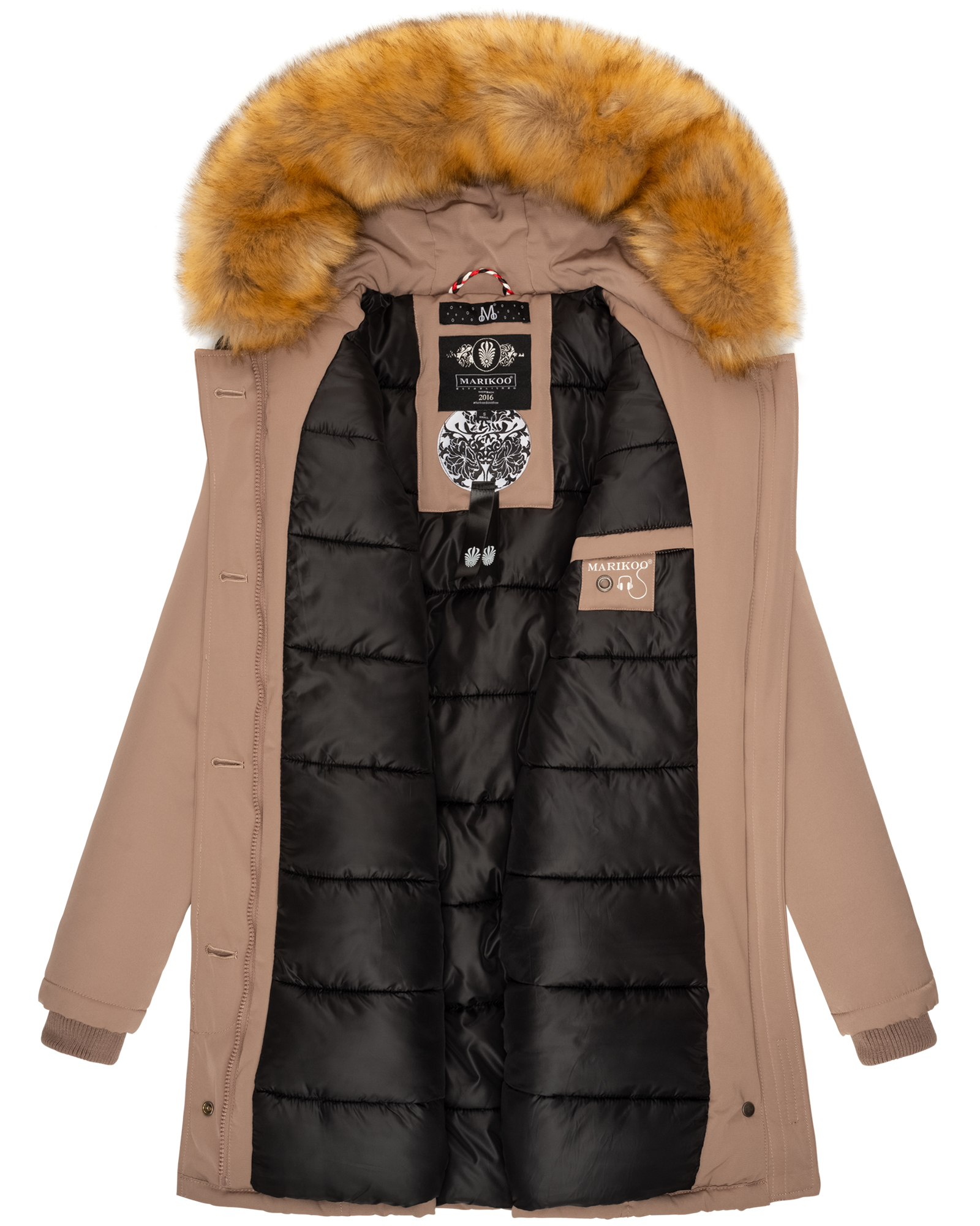 Marikoo Karmaa Eleganter Damen Winter Parka mit Kunstpelz und Kapuze Dunkel Taupe Gr. 34 - XS