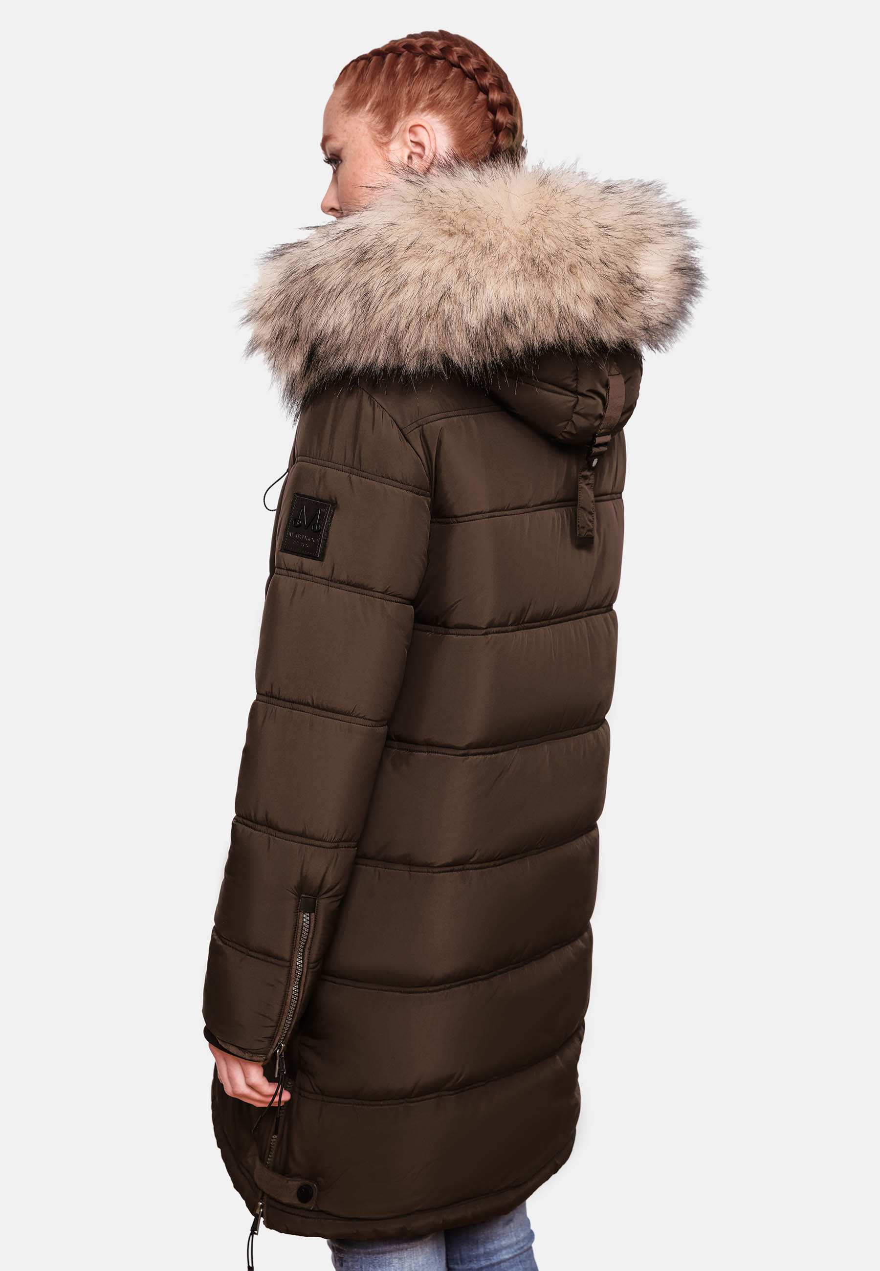 Marikoo Chaskaa Damen Winter Steppmantel Parka mit Kapuze & Kunstfell Schoko Gr. 40 - L