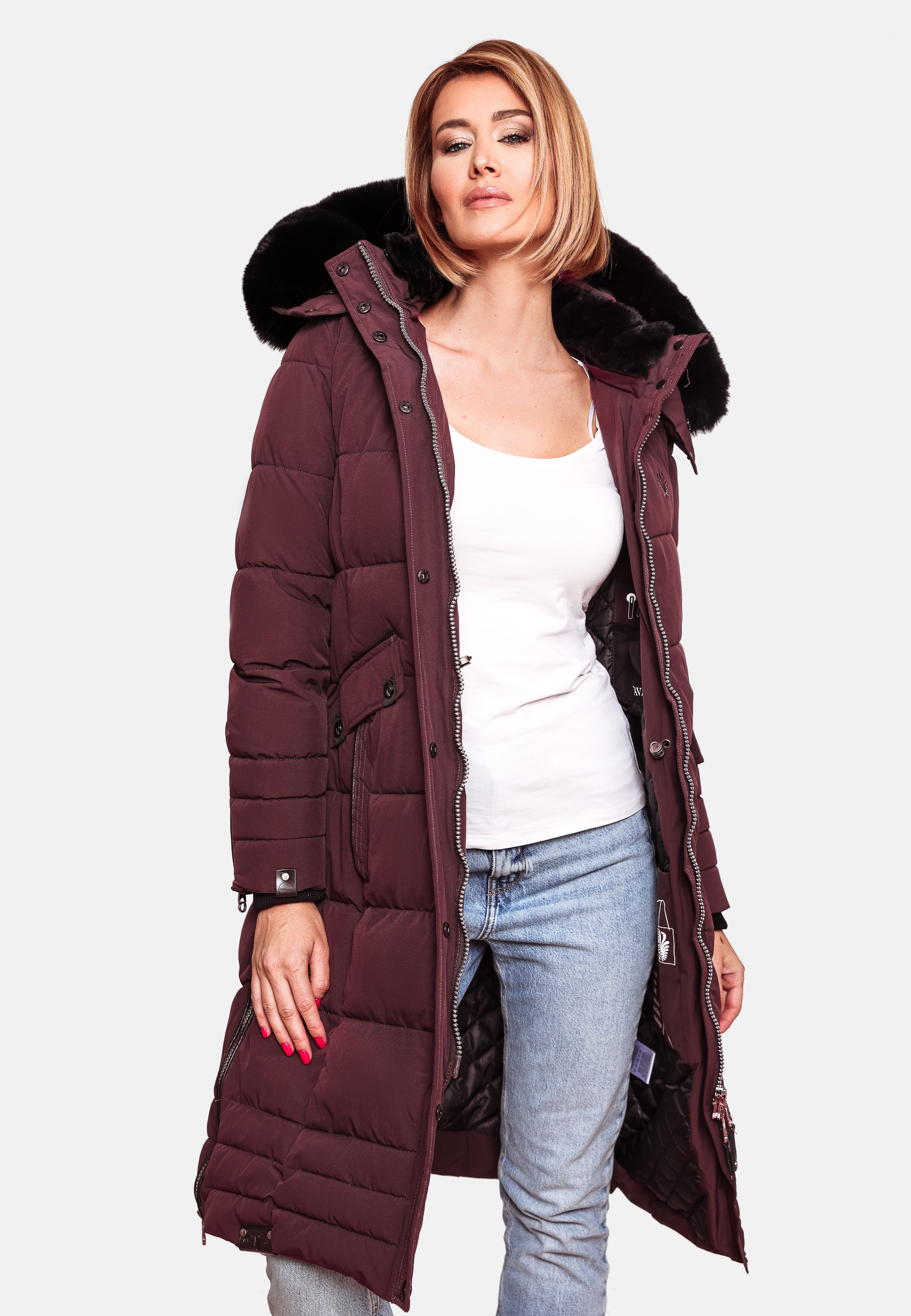 Navahoo Fahmiyaa Damen lange Winterjacke Mantel mit Kapuze Weinrot Gr. 38 - M