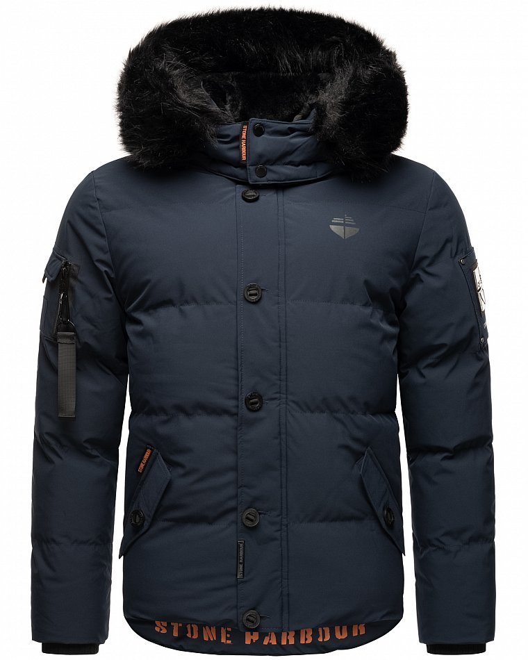 Stone Harbour Halvaar Herren Winterjacke gesteppt Navy mit Schwarzem Kunstfell Gr. 52 - XL