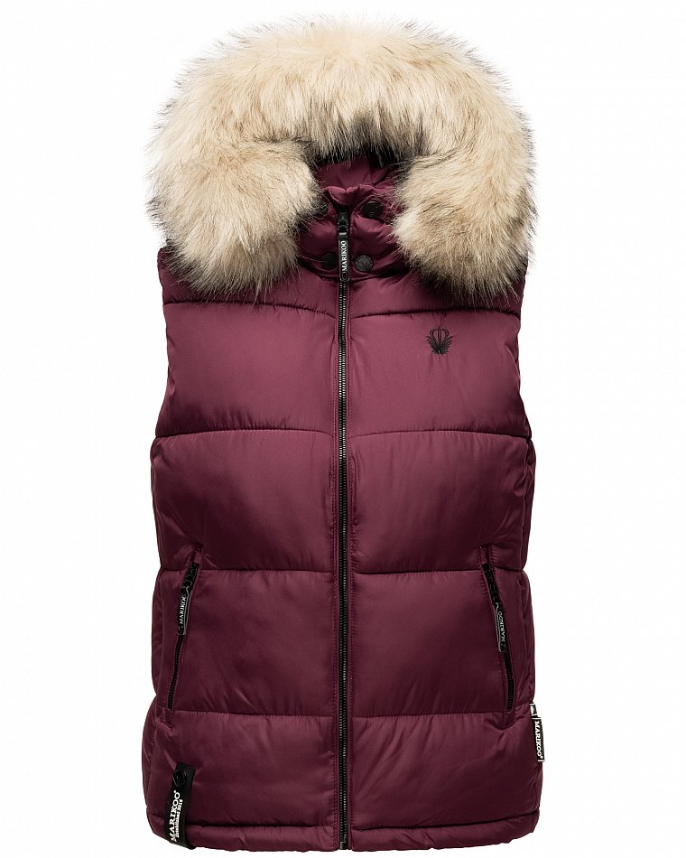 Marikoo Eisflöckchen Damen Winter Steppweste mit Kunstfell Wine Gr. 34 - XS