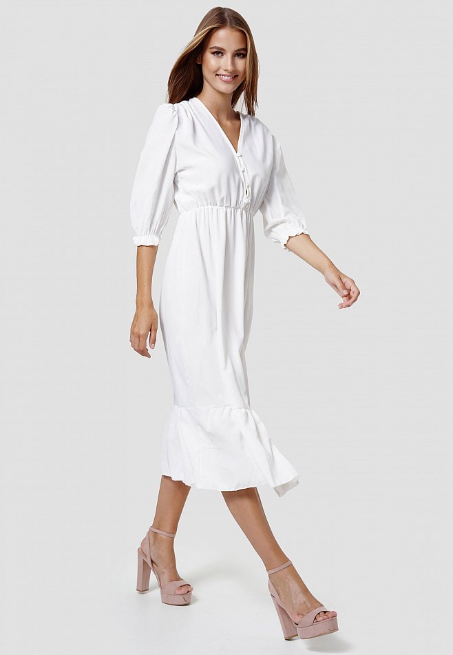 Damen Maxi Rüschen Kleid mit Schlitz Weiß Einheitsgröße RS15