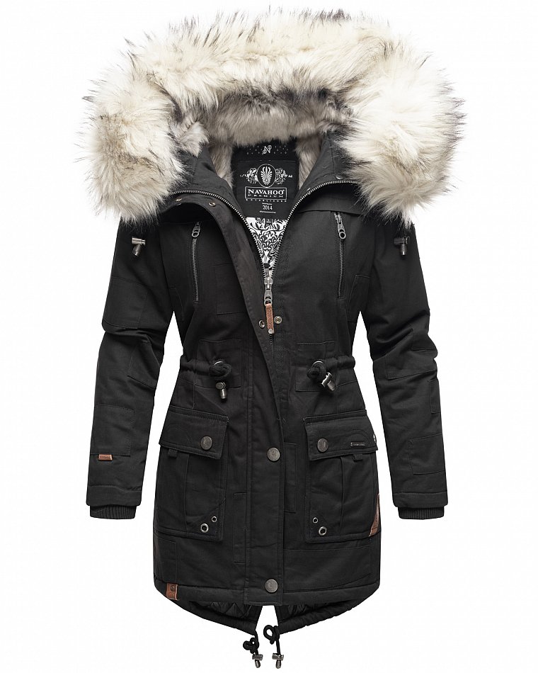 Navahoo Honigfee Damen Winterjacke Parka mit Kunstfell  & Kapuze Schwarz Gr. 38 - M