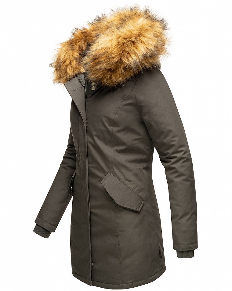 Marikoo Karmaa Eleganter Damen Winter Parka mit Kunstpelz und Kapuze Anthrazit Gr. 34 - XS