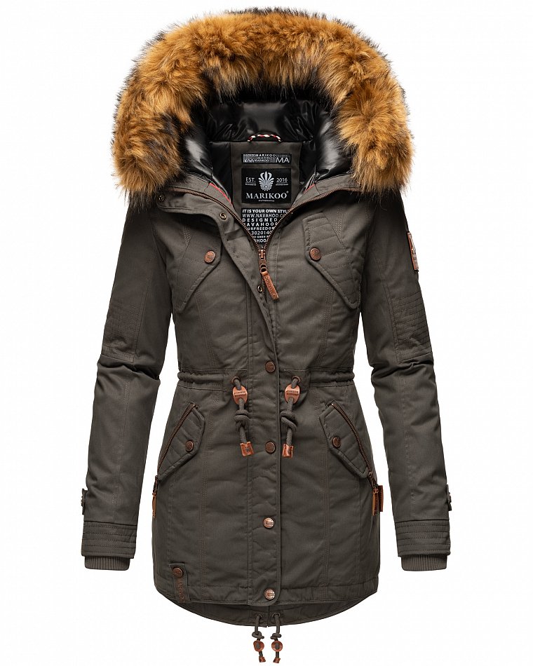 Marikoo La Viva Princess Damen Winterjacke Parka mit Kunstfell Anthrazit Gr. 34 - XS