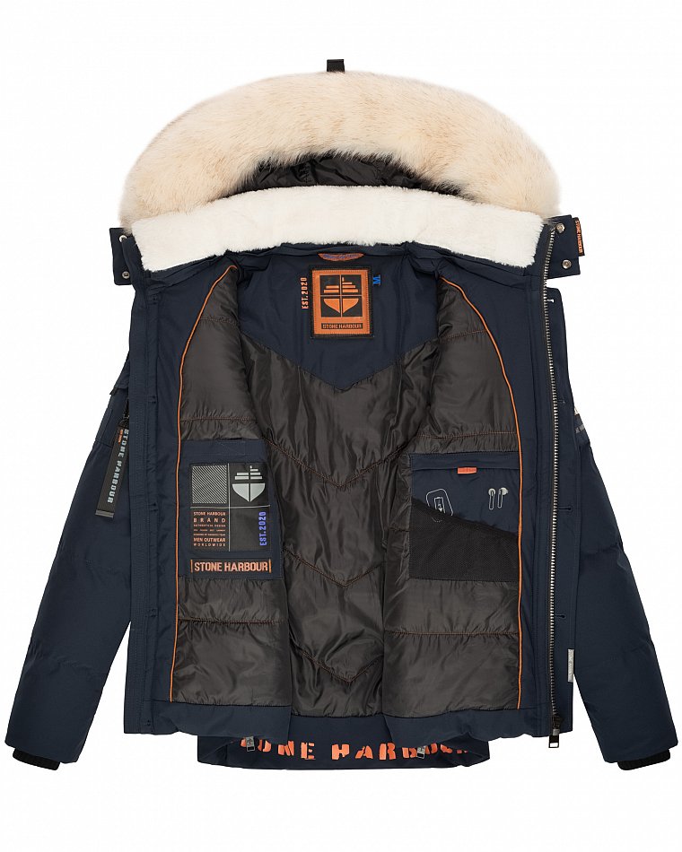 Stone Harbour Halvaar Herren Winterjacke gesteppt Navy mit Weißem Kunstfell Gr. 50 - L