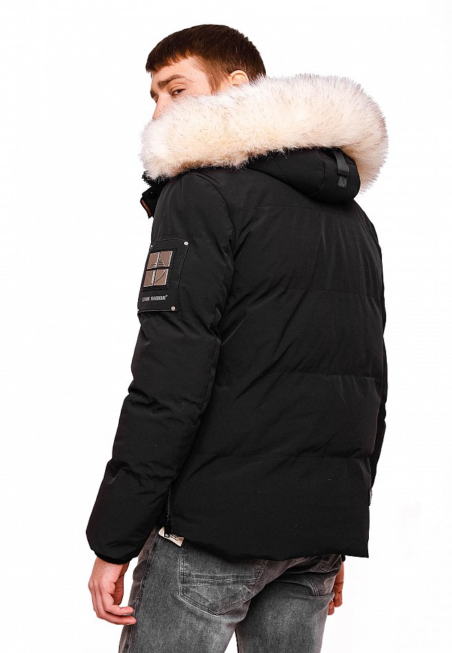 Stone Harbour Halvaar Herren Winterjacke gesteppt Schwarz mit Weißem Kunstfell Gr. 48 - M