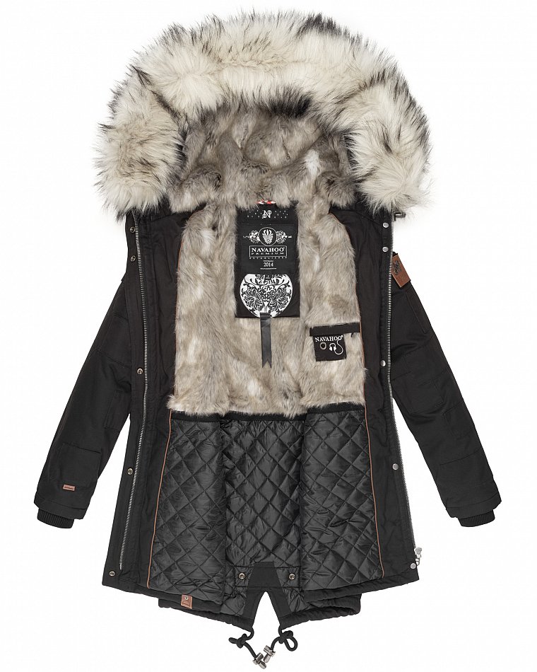 Navahoo Honigfee Damen Winterjacke Parka mit Kunstfell  & Kapuze Schwarz Gr. 38 - M