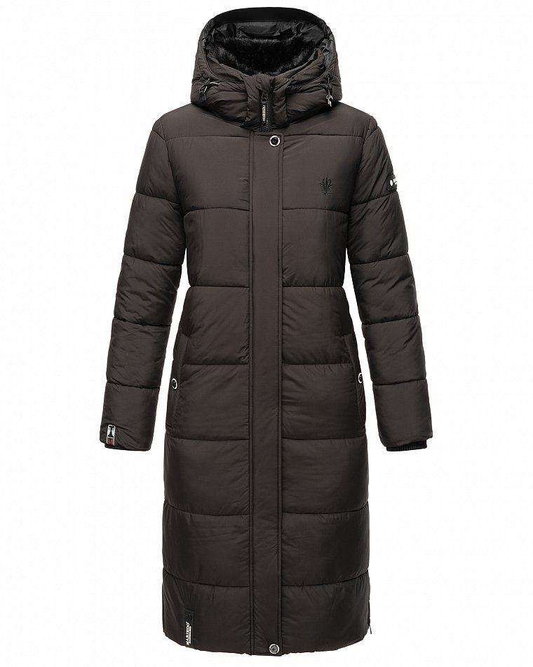 Marikoo langer Damen Winter Steppmantel mit Kapuze und Teddyfell Futter Reliziaa Schwarz Gr. 40 - L