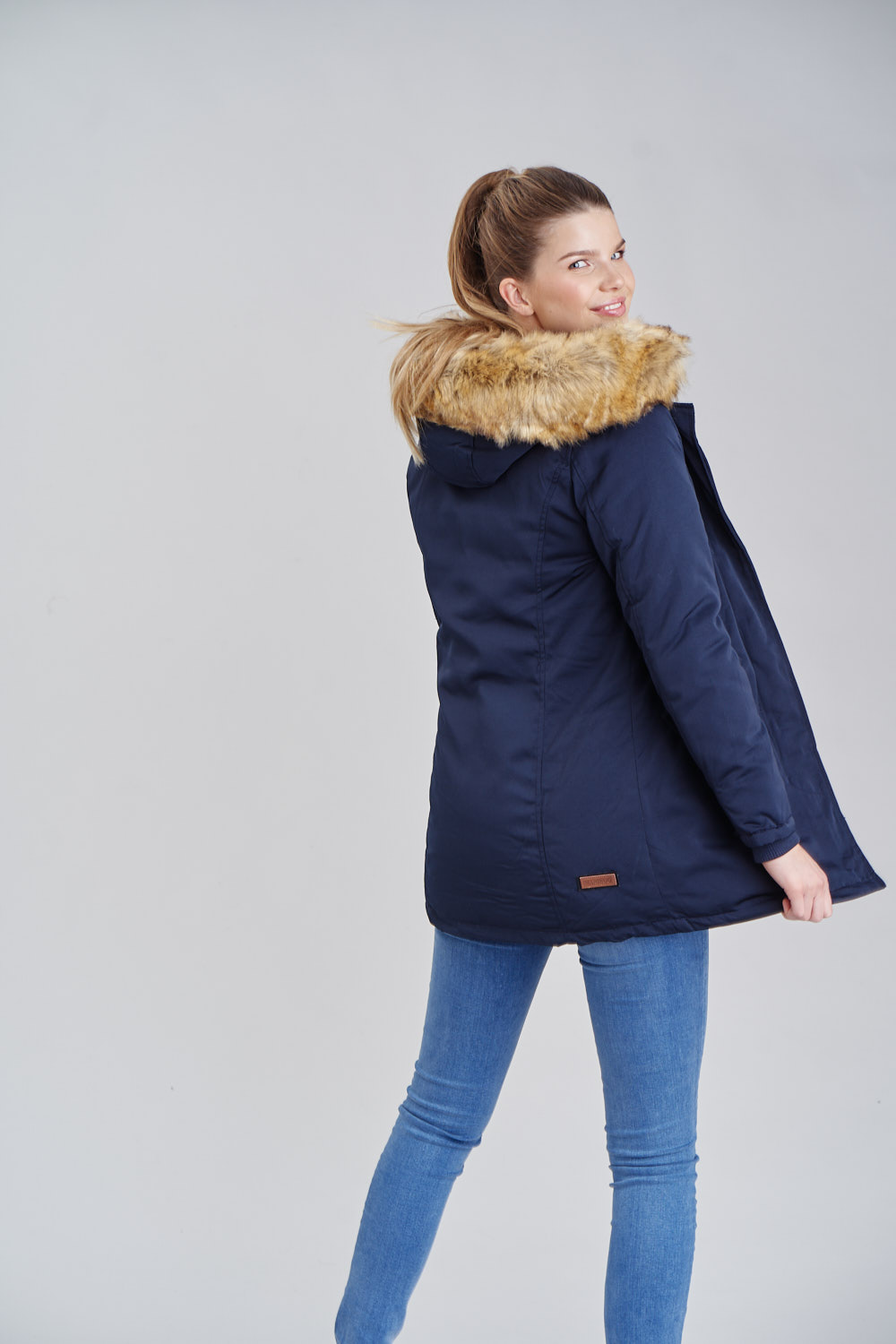 Marikoo Karmaa Eleganter Damen Winter Parka mit Kunstpelz und Kapuze Blau Gr. 38 - M