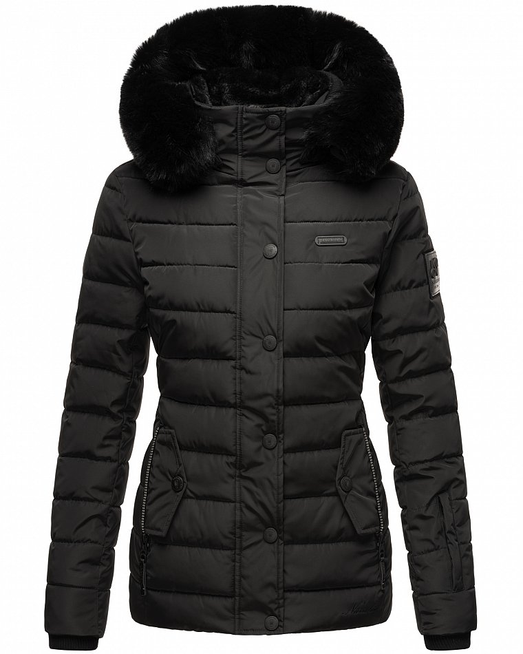 Navahoo Milianaa Damen Winter Steppjacke gefüttert Kapuze mit Kunstfell Schwarz Gr. 34 - XS