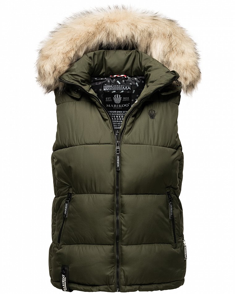 Marikoo Eisflöckchen Damen Winter Steppweste mit Kunstfell Olive Gr. 36 - S