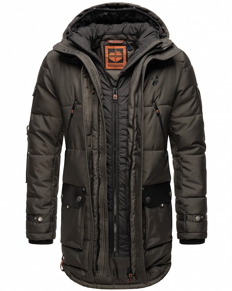 Stone Harbour Herren Winterparka Wintermantel mit Doppel Kapuze Tahaa Anthrazit Gr. 50 - L