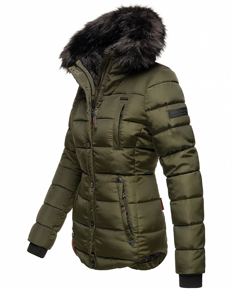 Marikoo Lotusblüte Damen Winter Stepp Jacke mit Kapuze & Kunstfell Olive Gr. 34 - XS