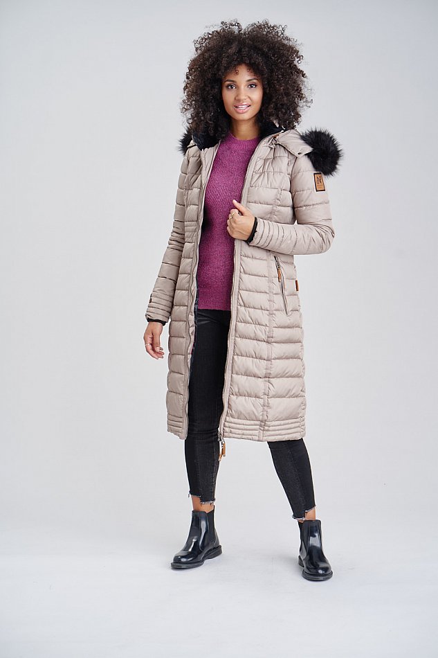 Navahoo Umay Damen Steppmantel Winterjacke mit Fellkragen Taupe Gr. 38 - M