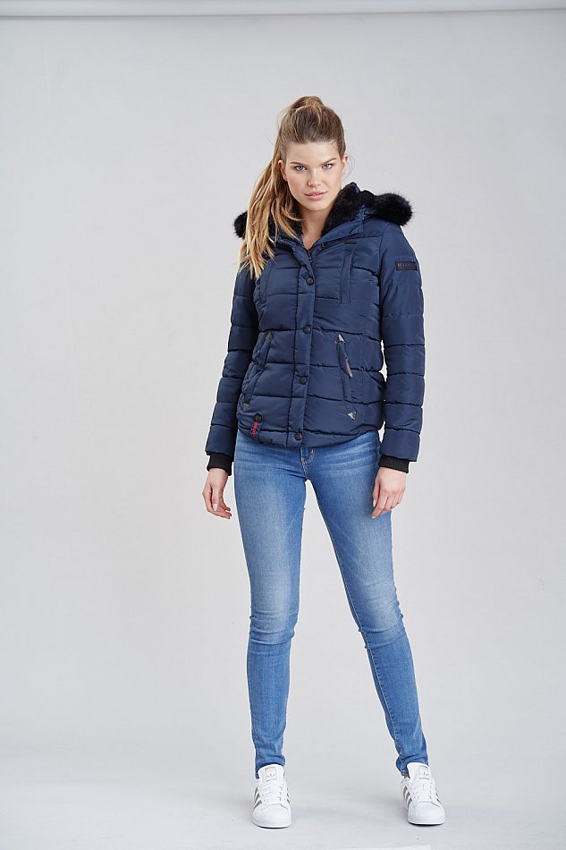 Marikoo Lotusblüte Damen Winter Stepp Jacke mit Kapuze & Kunstfell Blau Gr. 34 - XS