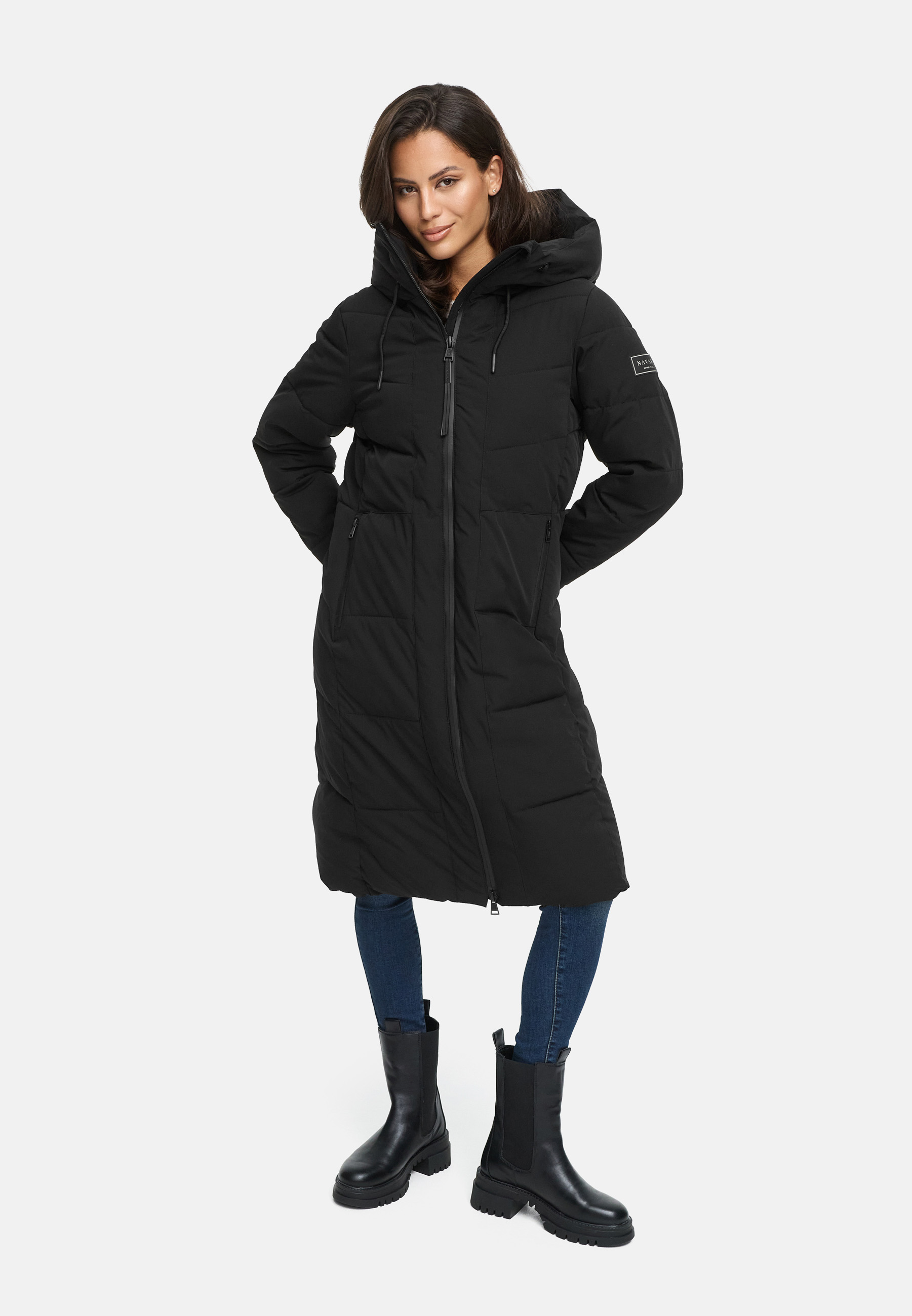  Navahoo Damen Steppmantel Lang Wintermantel gefüttert Parka Kapuze Schokokuss Schwarz 46 - XXXL