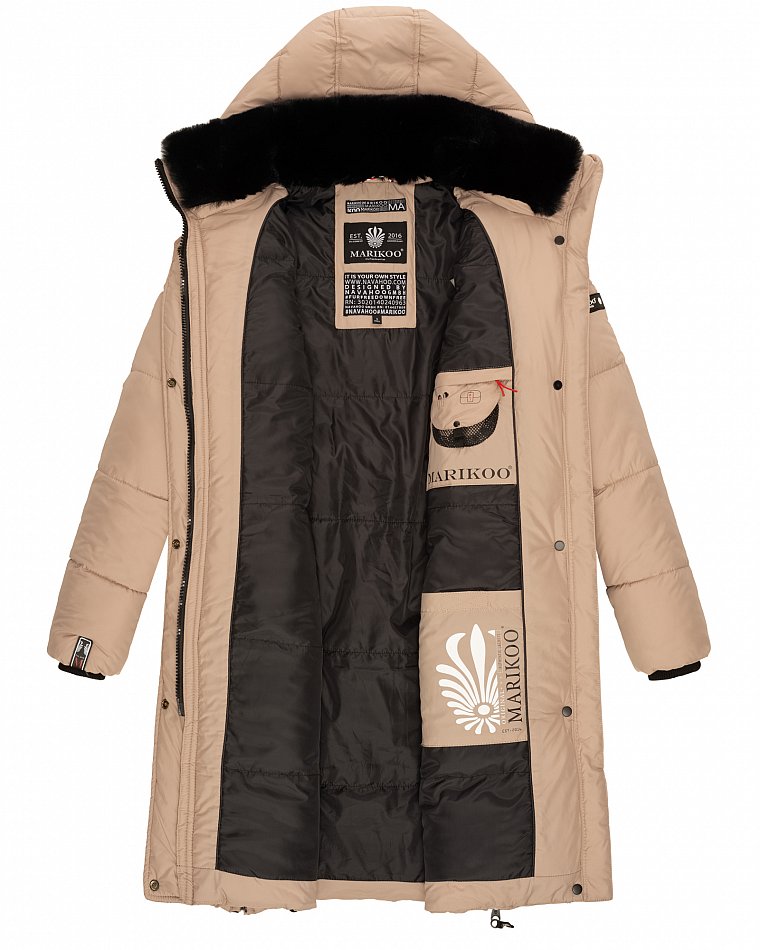 Marikoo Streliziaa Damen Wintermantel Parka mit Kapuze & Kunstfell Taupe Gr. 40 - L