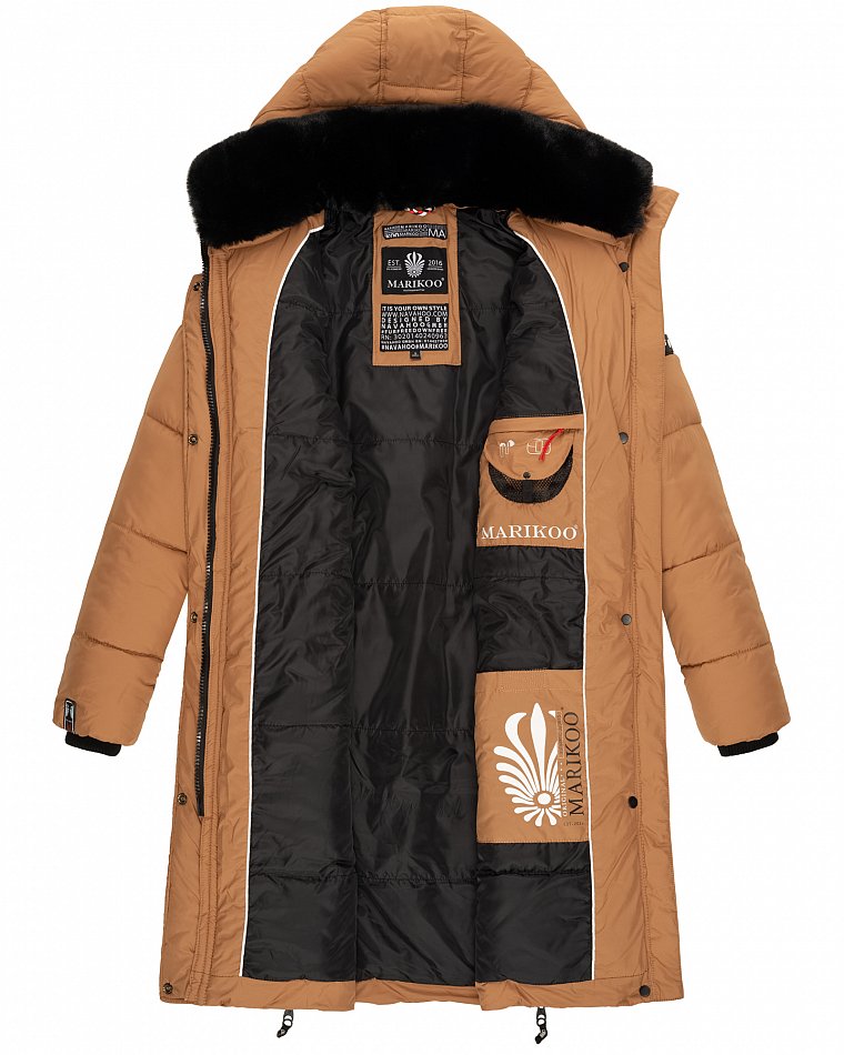 Marikoo Streliziaa Damen Wintermantel Parka mit Kapuze & Kunstfell Camel Gr. 34 - XS