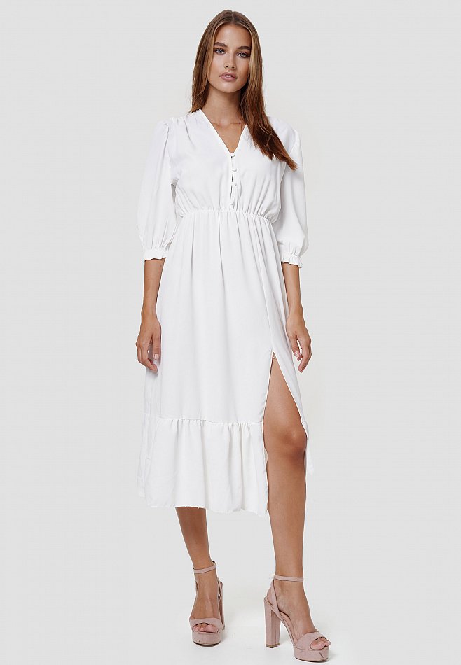 Damen Maxi Rüschen Kleid mit Schlitz Weiß Einheitsgröße RS15
