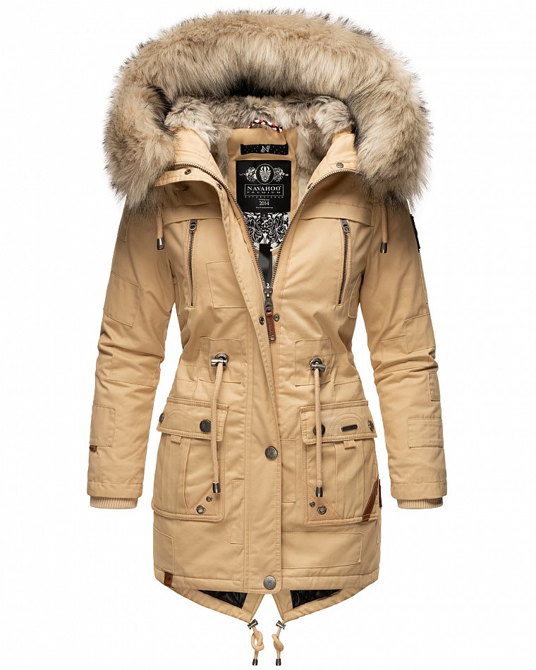 Navahoo Honigfee Damen Winterjacke Parka mit Kunstfell  & Kapuze Beige Gr. 38 - M