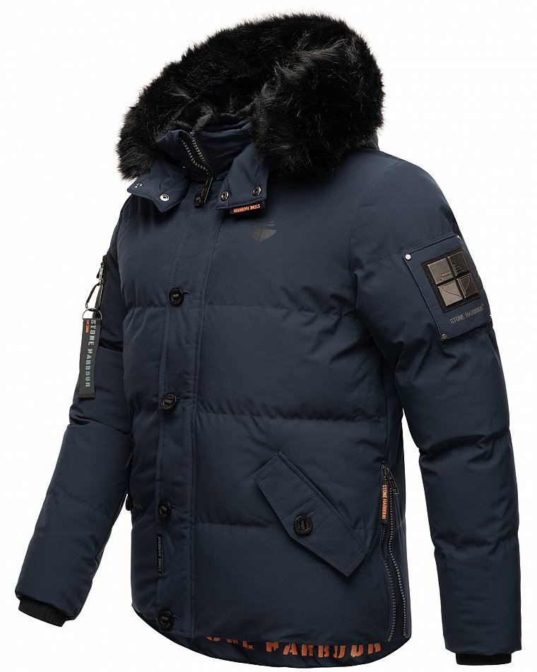 Stone Harbour Halvaar Herren Winterjacke gesteppt Navy mit Schwarzem Kunstfell Gr. 48 - M