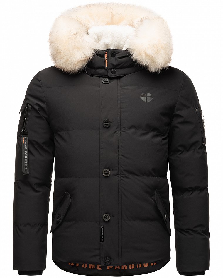 Stone Harbour Halvaar Herren Winterjacke gesteppt Schwarz mit Weißem Kunstfell Gr. 48 - M