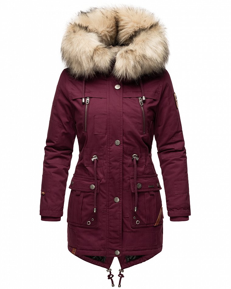 Navahoo Honigfee Damen Winterjacke Parka mit Kunstfell  & Kapuze Wine Gr. 38 - M
